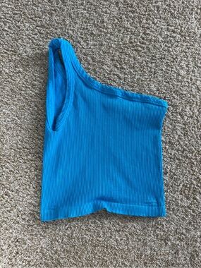 Blue One-Shoulder Ribbed Tank Top